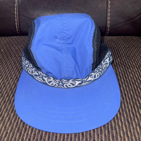 Vintage 90s LL Bean Hat Cap OS 5 Panel Cinch Back Blue Aztec Mesh Gorpcore Rare